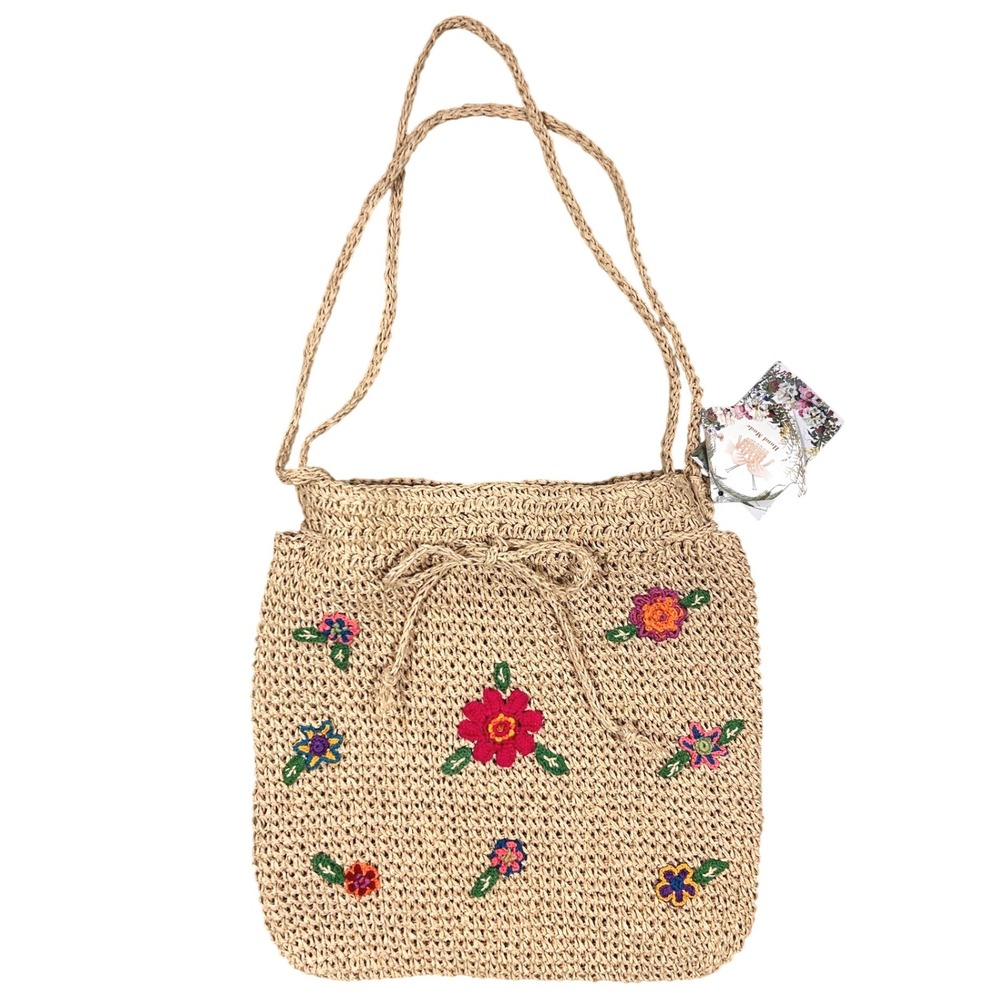 Cappelli Straworld Handmade Straw Shoulder Bag Floral Embroidered Boho Tan NEW